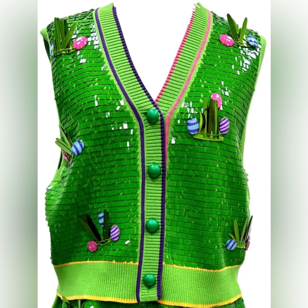 Queen of Sparkles NWT Sequin Easter Egg Grass Vest Size XL